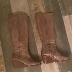 Knee high, grey/brown Frye wedge boots.